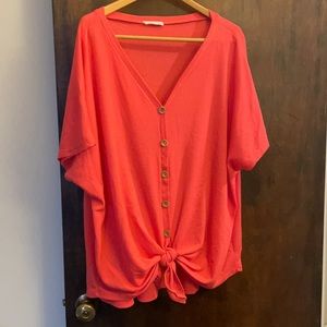 Coral waffle knit button tie front top